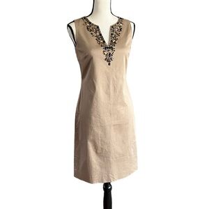 ALEX MARIE Khaki Tan Tribal Beaded Neckline Sheath Dress. Size 2